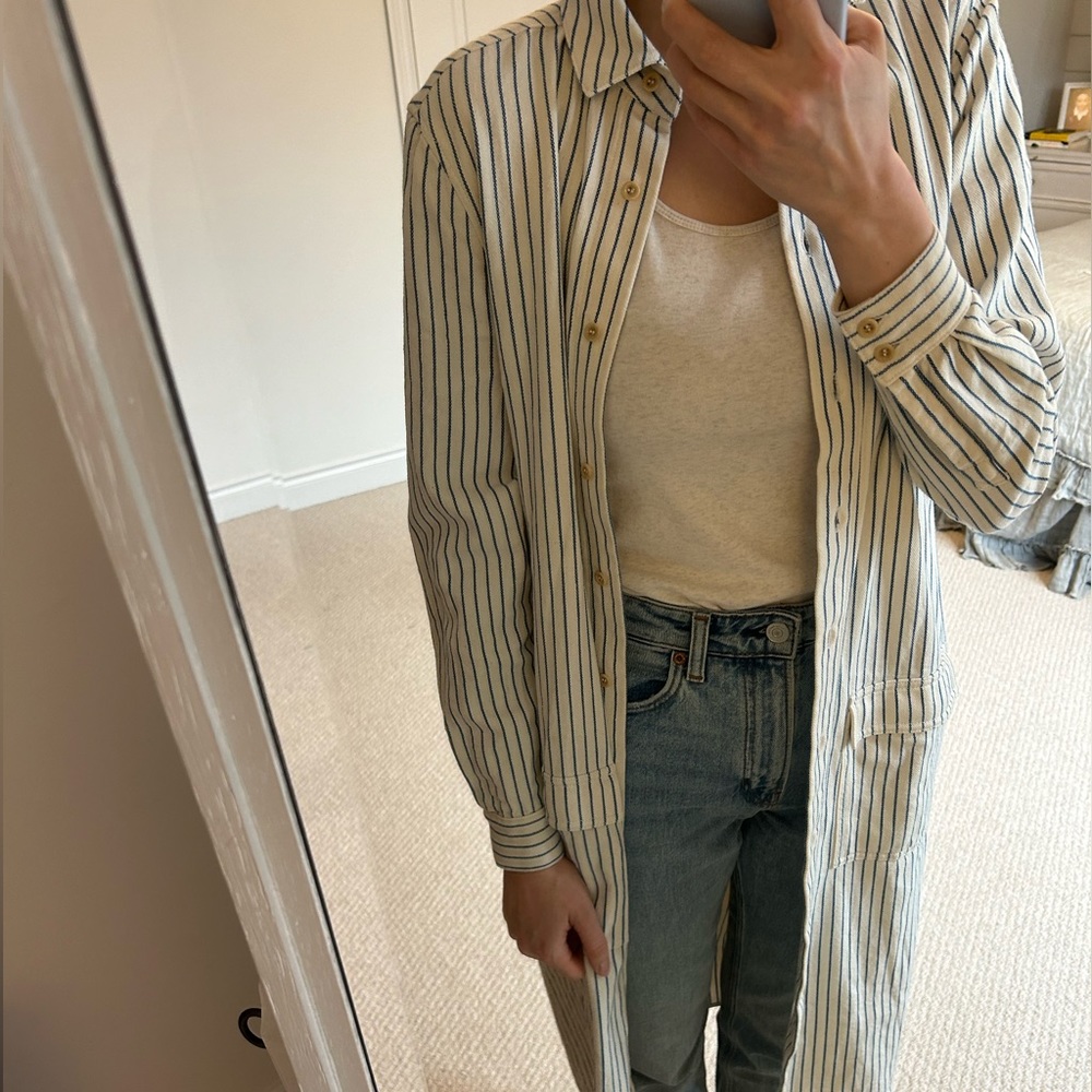 Cream and light blue striped button-down/jacket from King & Tuckfield size small